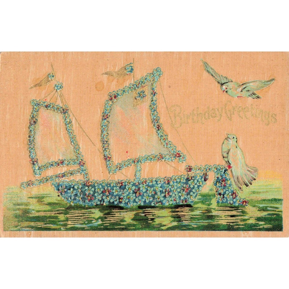 Vintage 1910 Birthday Postcard Embossed Floral Sailboat Birds Gaylord IL - Picture 1 of 2